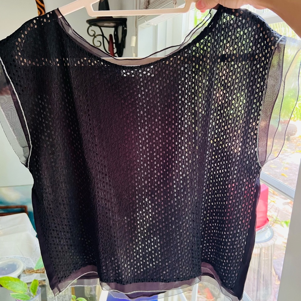 Black and Purple Sleeveless Sheer Mesh Boxy Blouse M